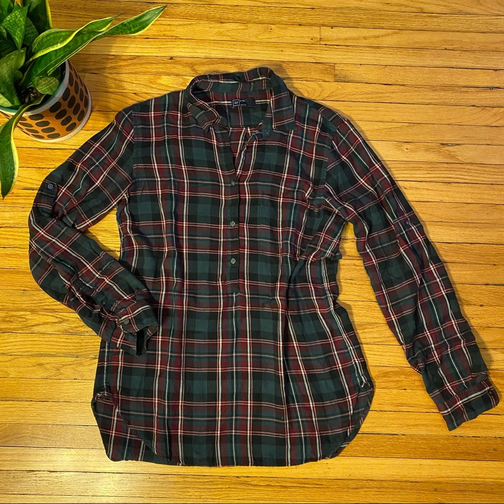 GAP Plaid Flannel Tunic, Button Up Shirt, M Long/Tall